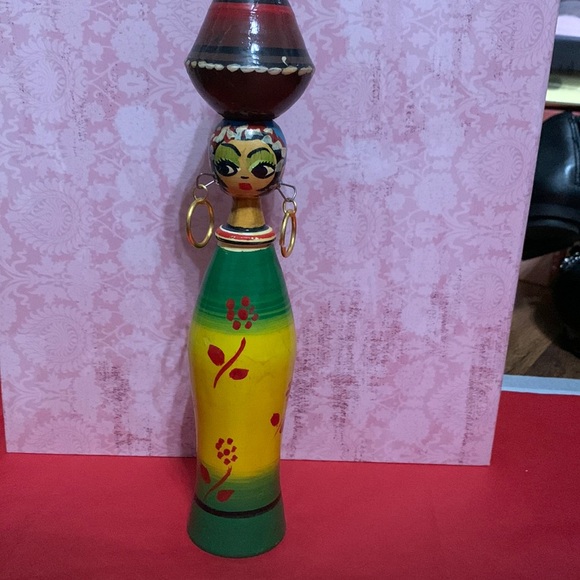 Hand Crafted Other - Vintage Egyptian wood carving/painted woman w pot on head and dangle earrings